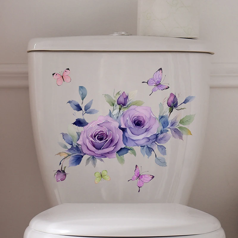 Toilet Cover Stickers Purple Flowers Bathroom Toilet Wall Window Decals Sticker Home Decoration Self Adhesive Stickers