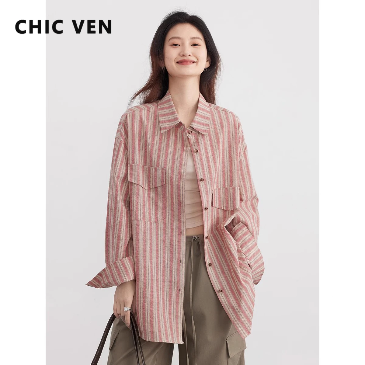 CHIC VEN Women Shirt Loose Casual Single Breasted Retro Contrast Vertical Stripe Blouses Female Top for Woman Spring Autumn 2024