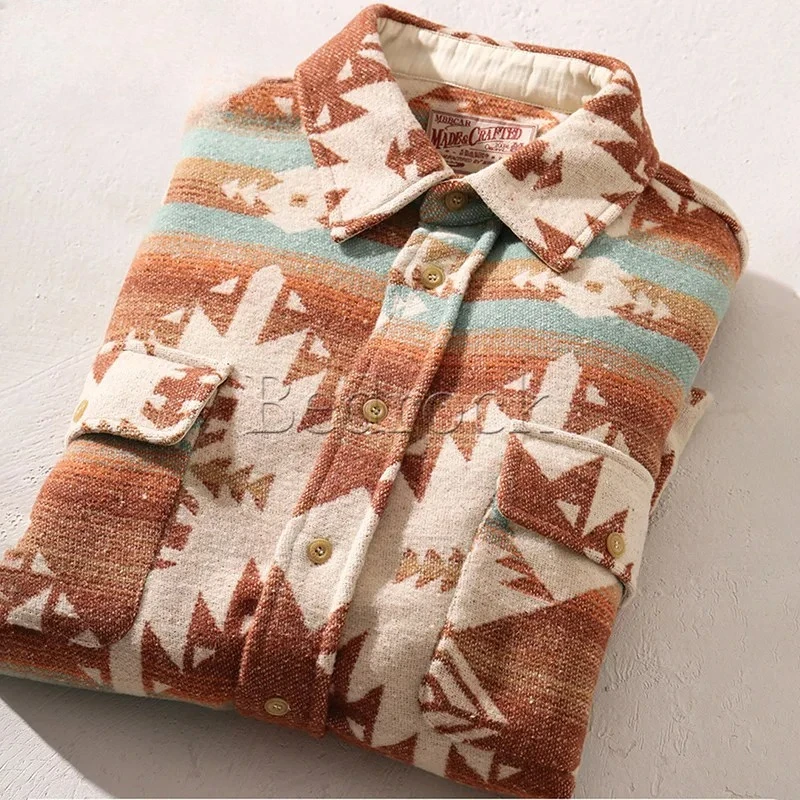 

Men's Casual Shirt Apricot Navajo Indy Blanket Wool Blend Thick Warm Shirt Long Sleeve Lapel Fixed color washing process