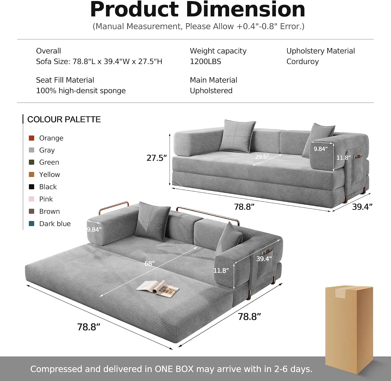 Gray Corduroy 78.8 Inch Convertible Futon Sleeper Storage Pocket Modular Living Room No Assembly Boneless Couches Box Bed