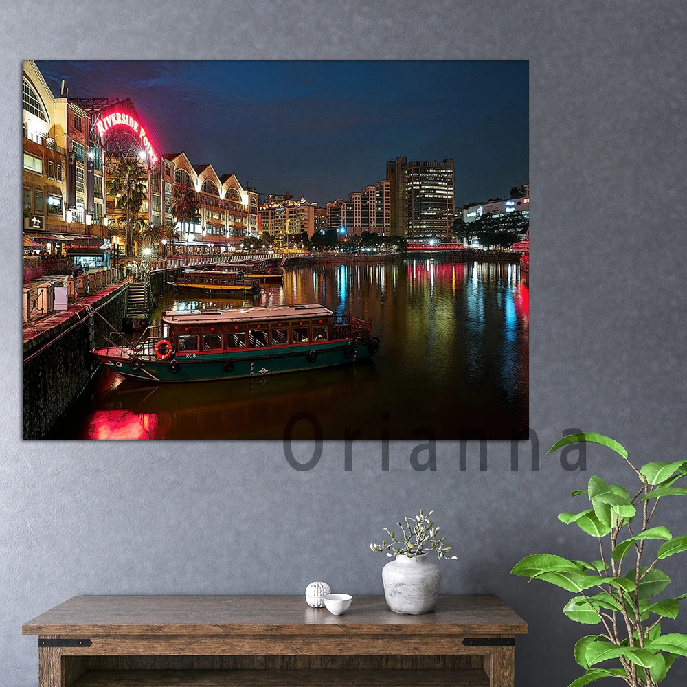 Singapore At Night Poster,Clark Quay Painting,Anime Style Singapore Wall Decor For Any Room Or Office Print, Travel Poster Gift