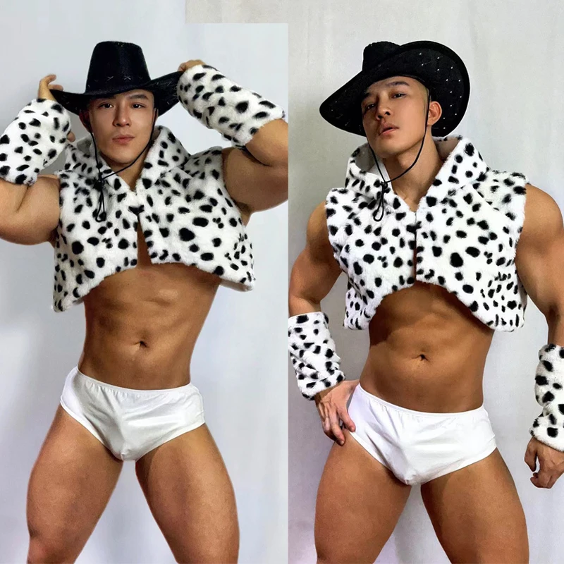 

Мужской сексуальный костюм для танцев на пилоне: меховой жилет, шорты, для бара, ночного клуба, диджея, гоу-гоу танцовщицы, сценический наряд для мускулистых мужчин, Хэллоуин, рейв-костюм XS8532