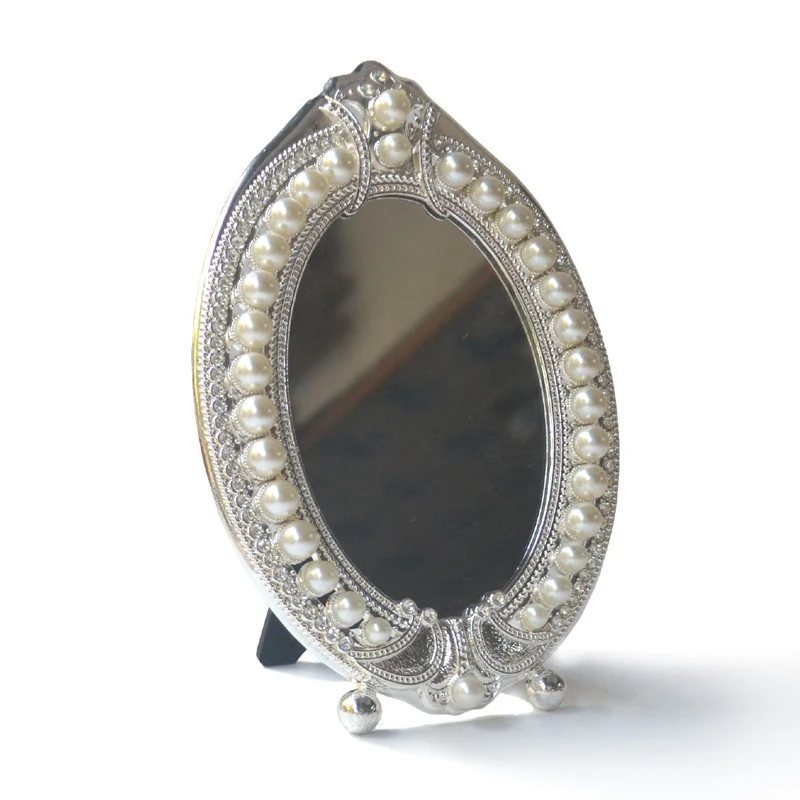 

Single-sided mirror Silver Western dressing mirror Desktop pearl makeup Oval mirror
