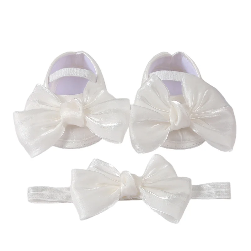 Baby Girls Baptism Shoes and Headband Shiny Bowknot Mary Jane Flats and Hairband Set