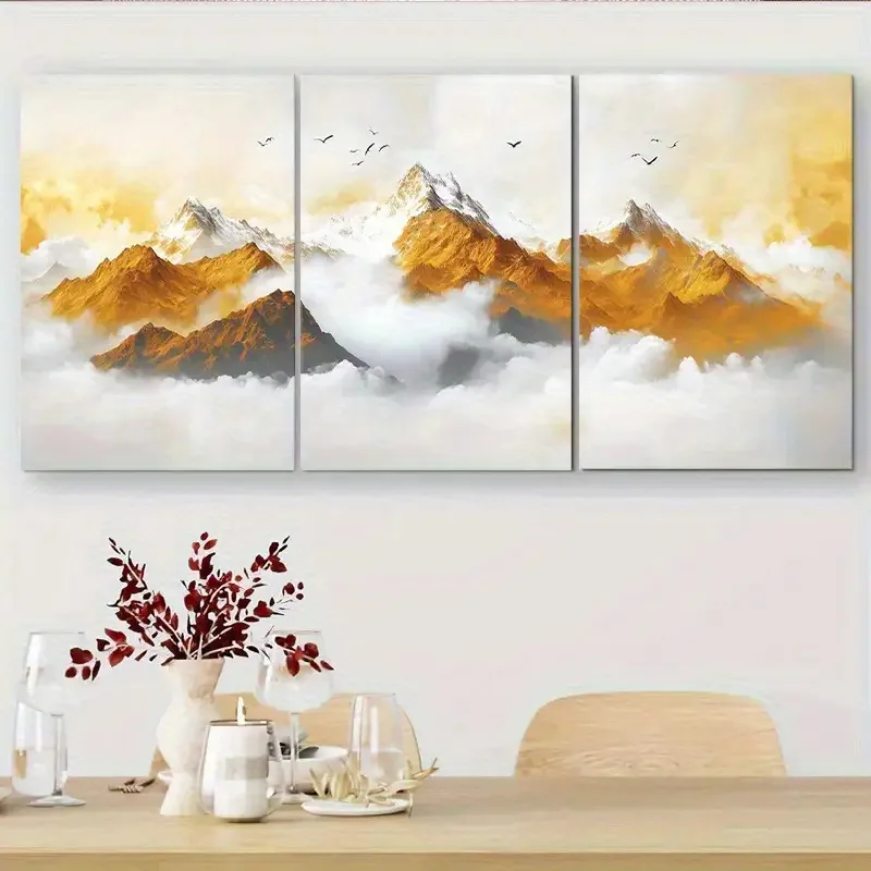 2D Flat, 3pcs Modern Abstract Mountain Canvas Wall Art Set with Golden Peaks and Clouds - Nature-Inspired Decorative Painting