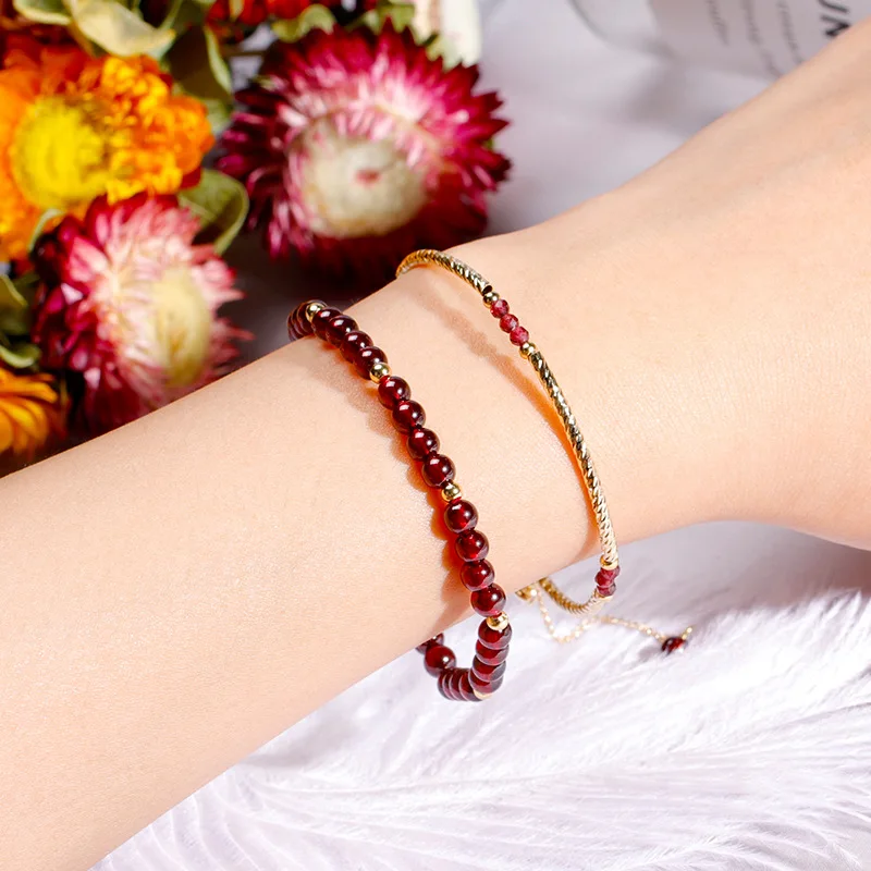 Exquisite 14k Gold Plated Wine Red Natural Garnet Beaded Bracelets For Women Female Lucky Fashion Jewelry  Gifts