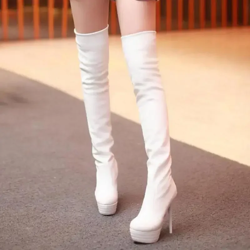 Womens Platform Boots Modern Boots Sexy Street Style Over-the-Knee Slip-On 13.5CM Thin Heels Round Toe Solid Party Women Shoes