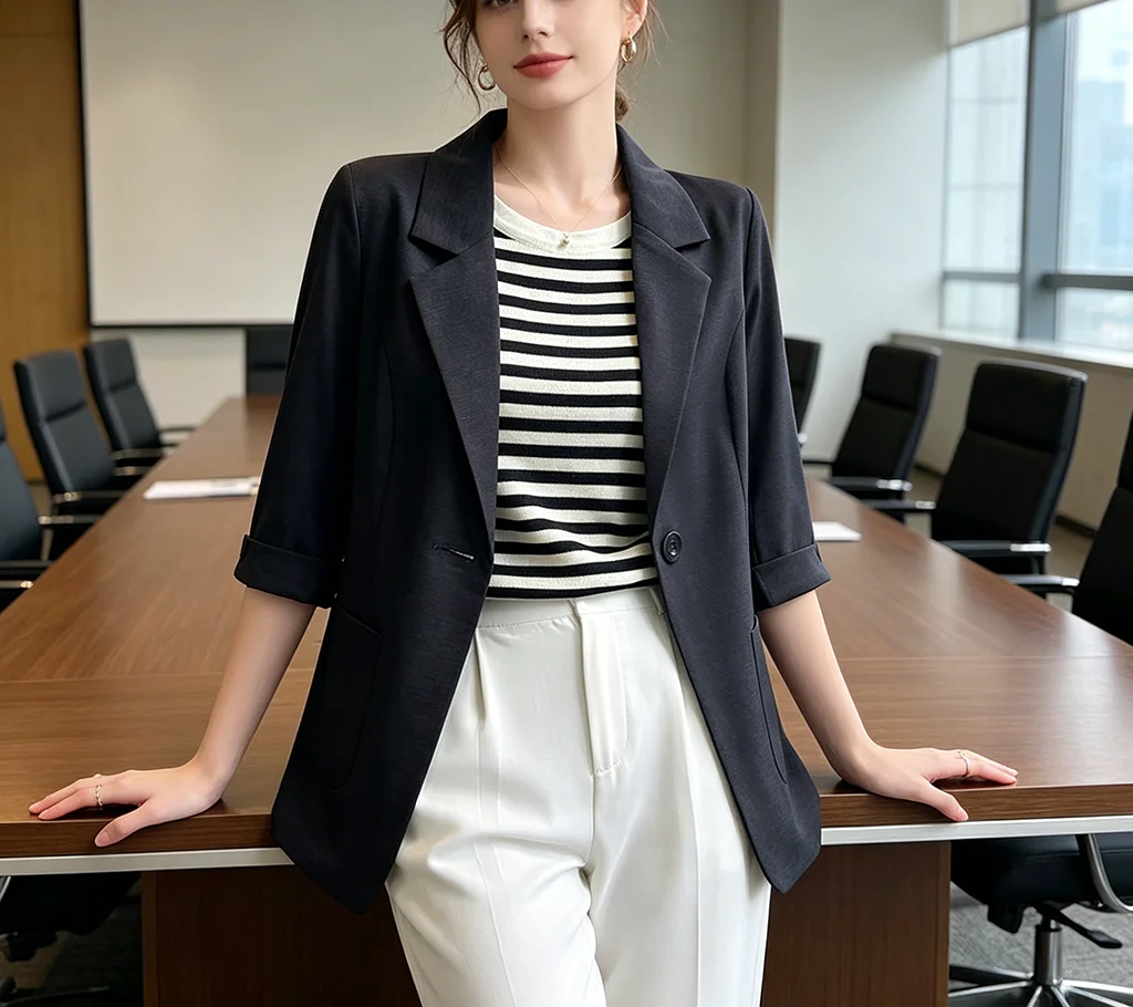 

Летний тонкий белый блейзер для женщин с рукавом 3/4, свободного кроя, офисный пиджак, элегантный деловой формальный рабочий пиджак