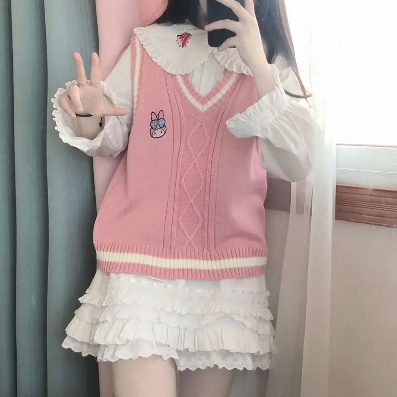 

Kawaii Cinnamoroll жилет с v-образным вырезом Jk Sanrio аниме Kuromi My Melody Pompompurin консервативный осенний свитер студенческий милый повседневный милый свитер для девочек