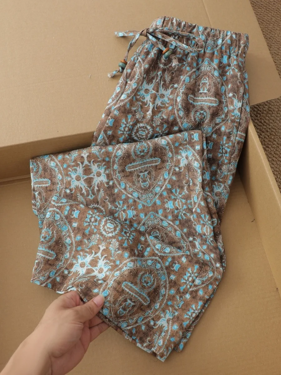 Retro Print Casual Wide Leg Pants Women's Thin High Waist Draped Slimming Nine Point Straight Leg Trendy Summer New Arrival