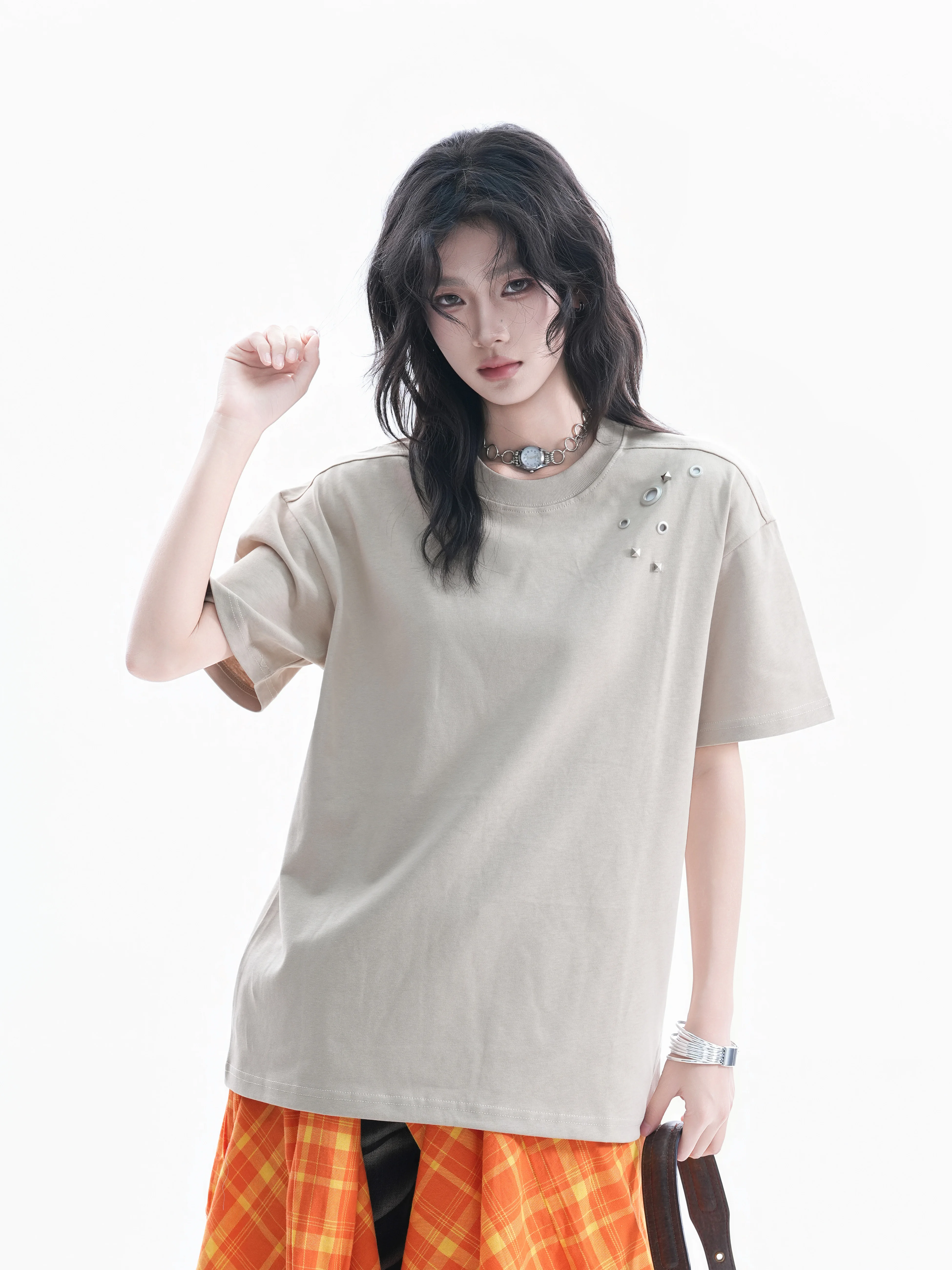 

Retro American Metal Rivet Short Sleeve T-Shirt Women Loose High Street Trendy Brand Couples Match Upper Cotton round Neck
