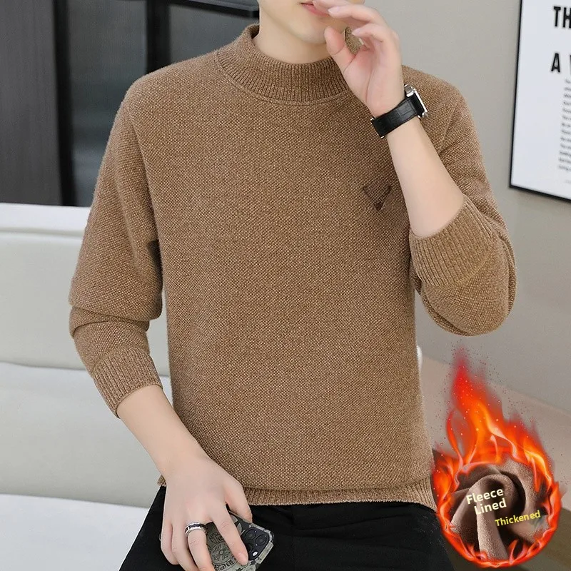 

Мужской утепленный вязаный свитер с круглым вырезом, приталенный, повседневный, однотонный, осенне-зимний, новая модная коллекция