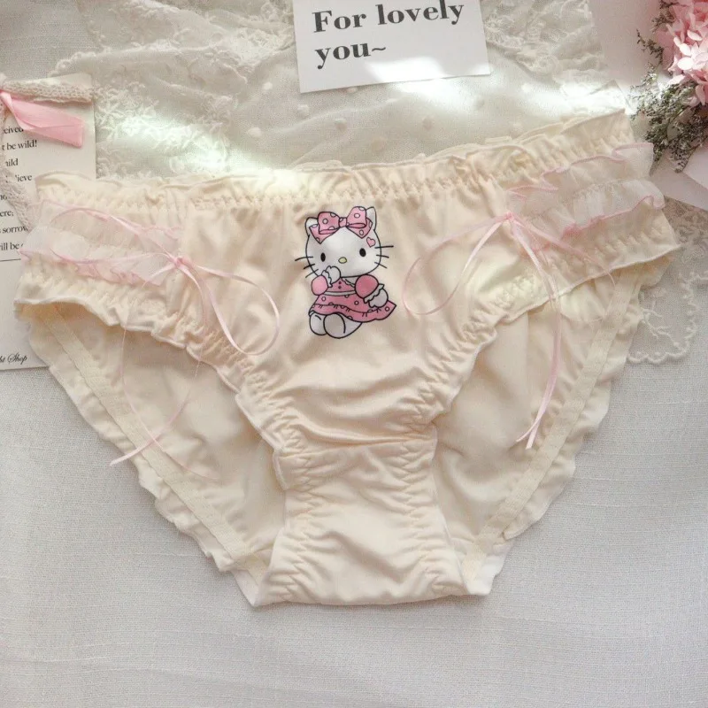 Hello Kitty Cartoon Anime Cute Kawaii Women Panties Sweet Girl Lace Bow Lolita Pink Briefs Triangle Pants Lingerie Smooth Trunks