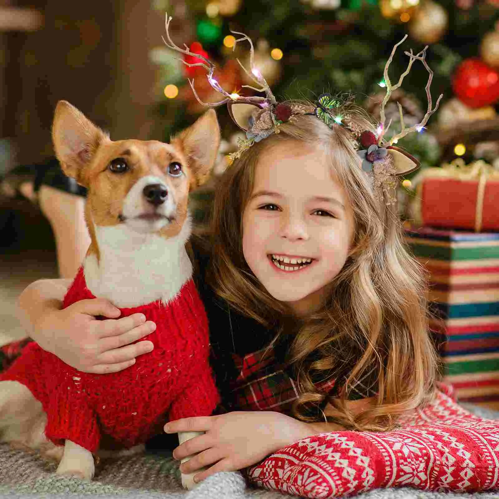 Diadema navideña con astas brillantes, diadema con aro para el pelo para niñas, diadema con astas de horquilla para niños