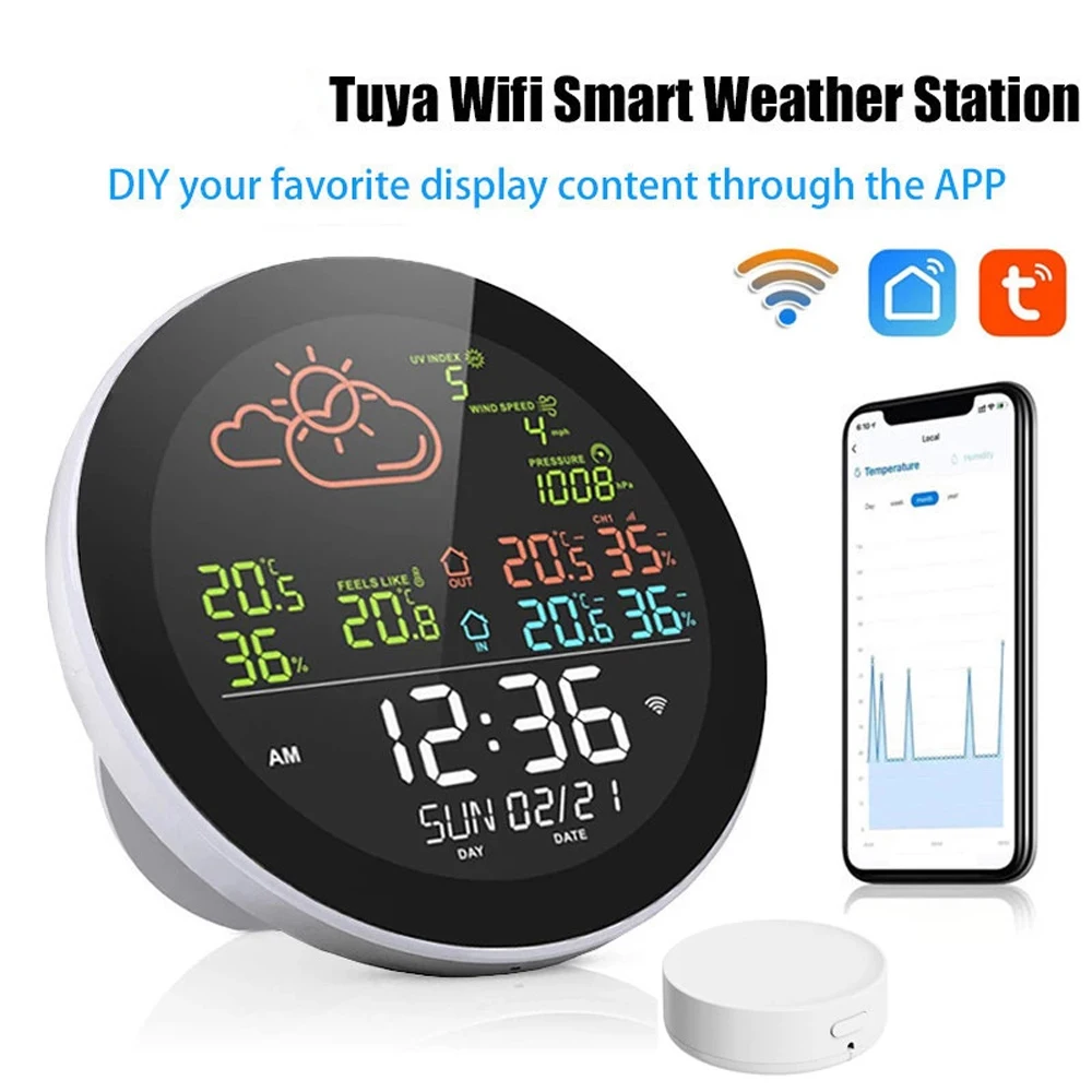 

Tuya Wifi Weather Station Color Digital Display Weather Forecast Table Clock Outdoor Indoor Temperature Tester Hygrometer