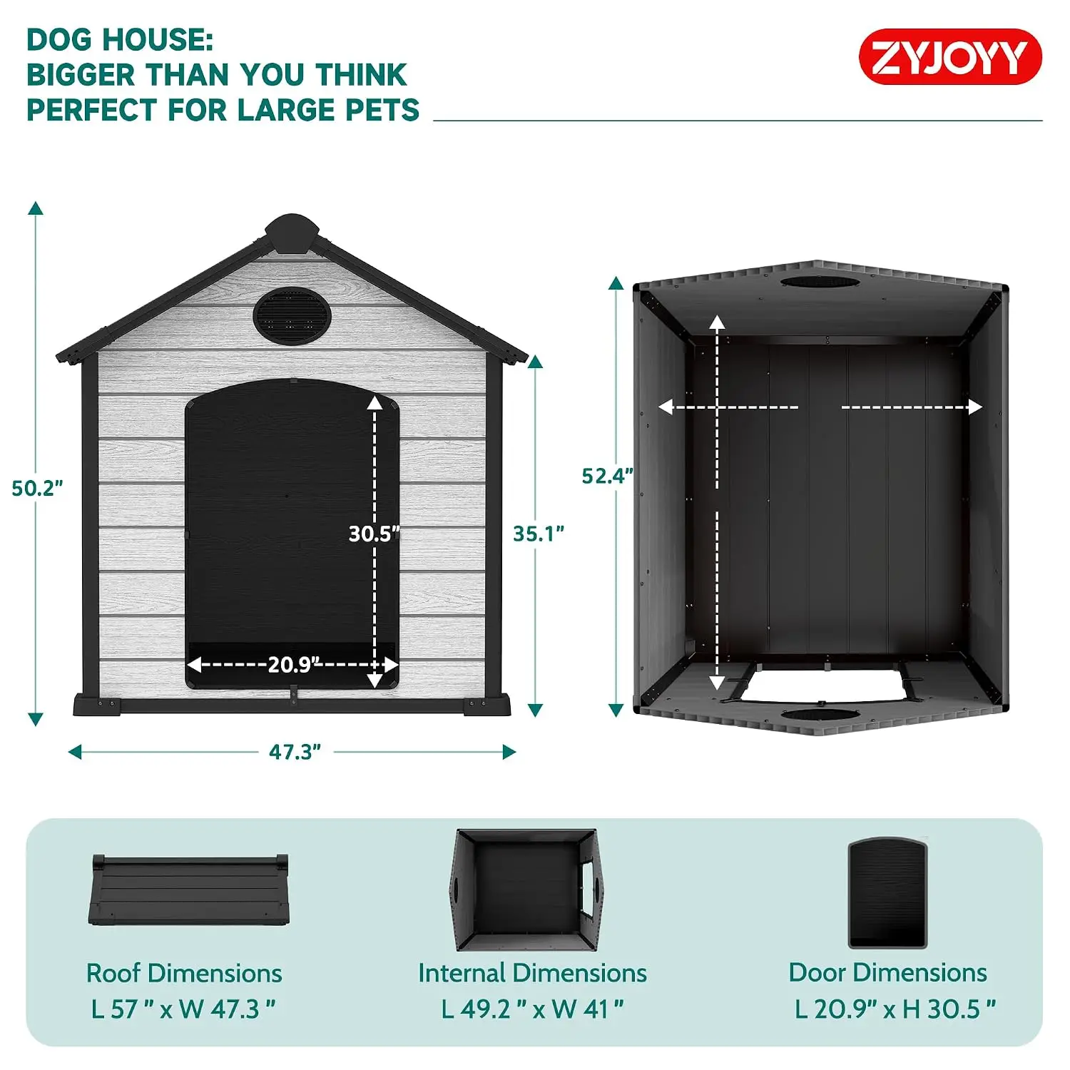 Waterproof Plastic Dog House With Vents & Elevated Floor For Large Dogs, Easy Assembly, 57