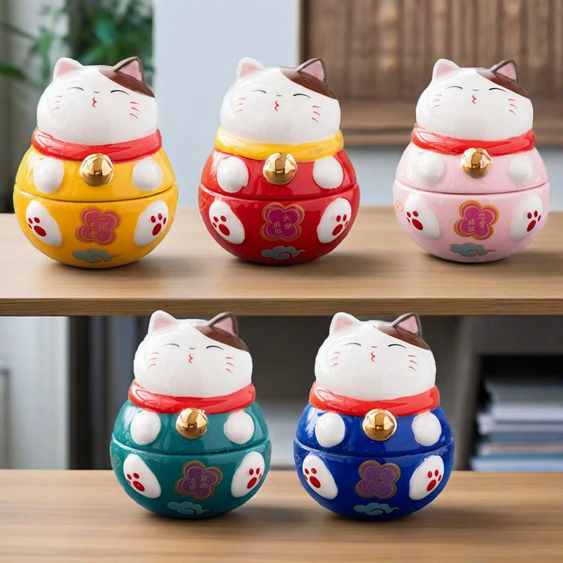 Set of 5 Ceramic Lucky Cat Figurines, Tumbler Maneki-neko Beckoning Cats Ornament Desktop Decoration Fortune Mascot Figure