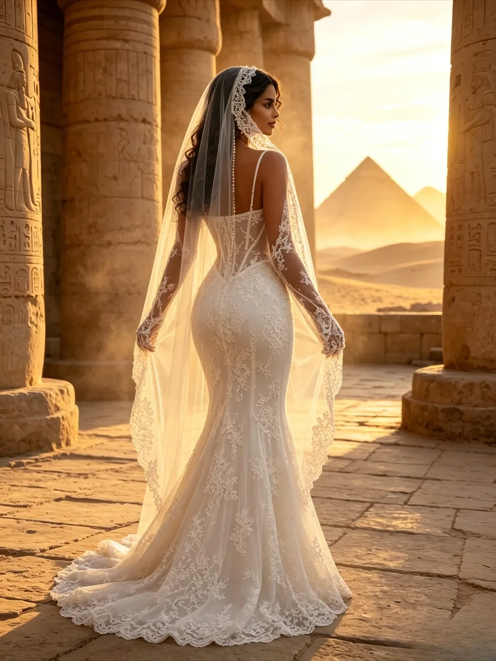 Customized Strapless Sweetheart Corset Lace Mermaid Wedding Dress Long Lace Veil Long Flared Sleeves Mouzhetee Style Bridal Gown