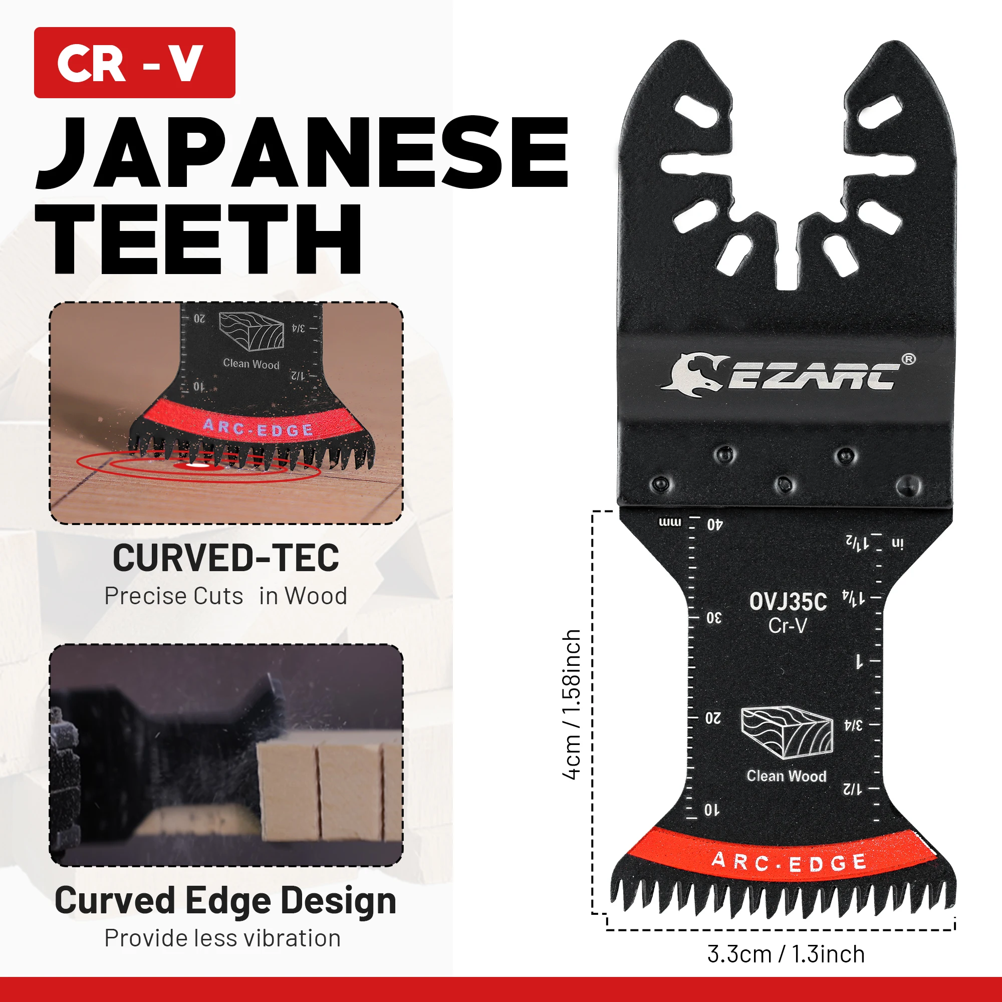 EZARC 5PC Japanese Teeth Oscillating Saw Blades Arc Edge Cr-V Oscillating Multitool Blades Clean Cut for Wood, Plastic