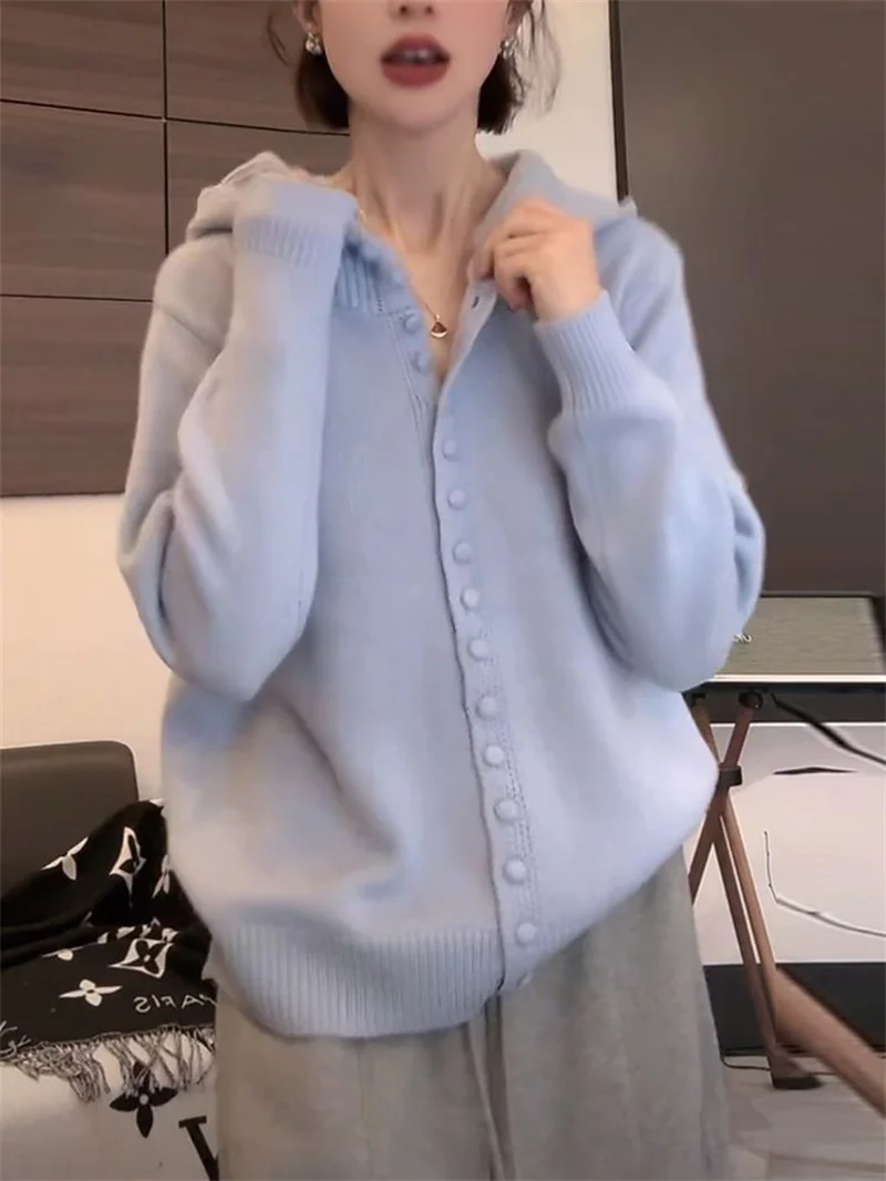 سترة بقلنسوة للنساء الخريف والشتاء كسول نمط لينة والغربية نمط سترة مشغولة من الصوف الراقية الشعور ملابس خارجية