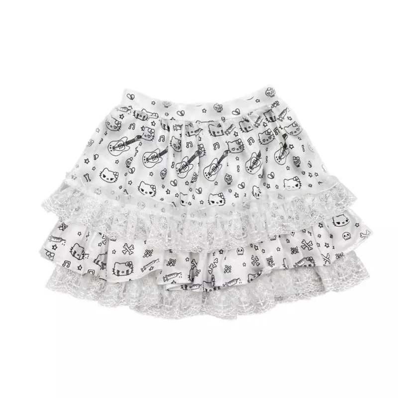 New Sanrio Hello Kitty Print Lace Short Skirt Women Y2K Korean Fashion  Cute Cartoon A-line Skirt Female Clothing Trendy 2024