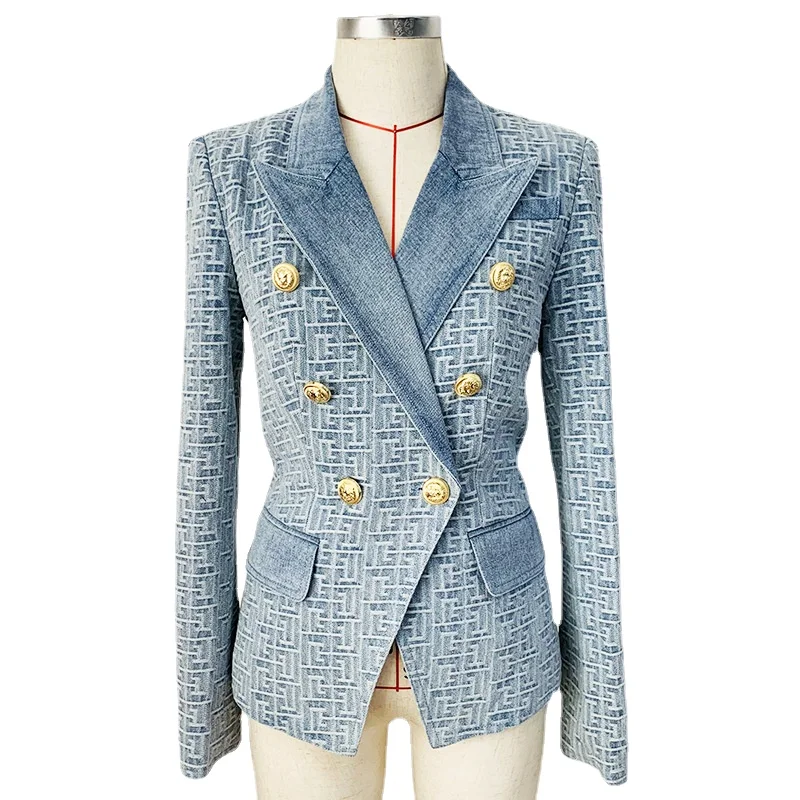 Elegant Lion Head Gold Button Blazer Jacket Women Labyrinth Jacquard Denim New in Outerwears Ladies Long Sleeves Lapel Slim Suit