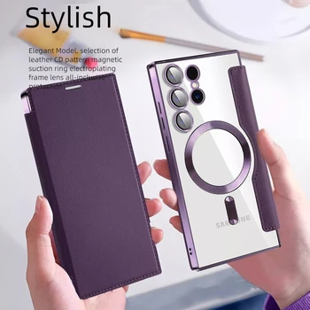 Capa protetora com clipe de cartão magnético, para Samsung S25 S24 S23Ultra magnética de carregamento sem fio com tudo incluído capa protetora