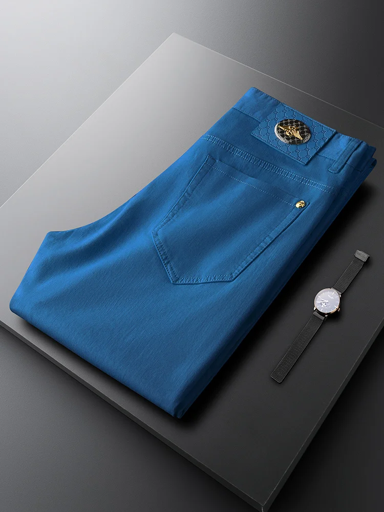 

Slim Fit Blue Jeans Men's mid Waist Leather Tag Straight Leg Spring Autumn Casual Trousers Fashionable Urban Style