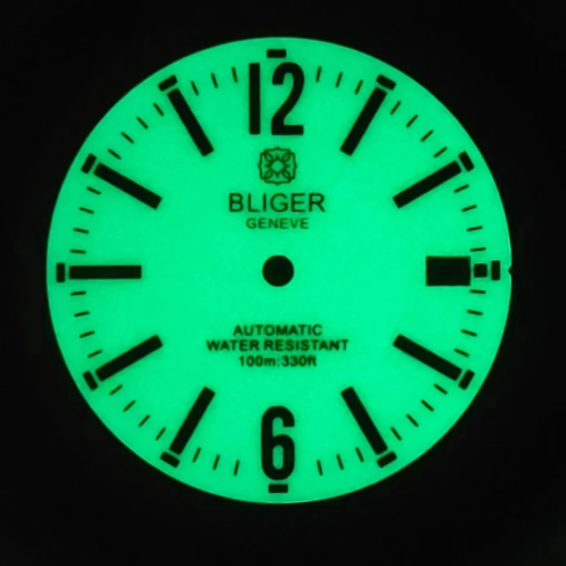 BLIGER 29mm off-white green watch dial fit NH35 NH36 movement fit 3 o\'clock crown 3.8 o\'clock crown Green luminous