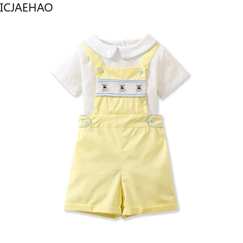 2025 roupas para recém-nascidos conjunto de bebê espanhol para menino infantil blusa de linho de algodão com shorts ternos camisa bordada roupas superiores