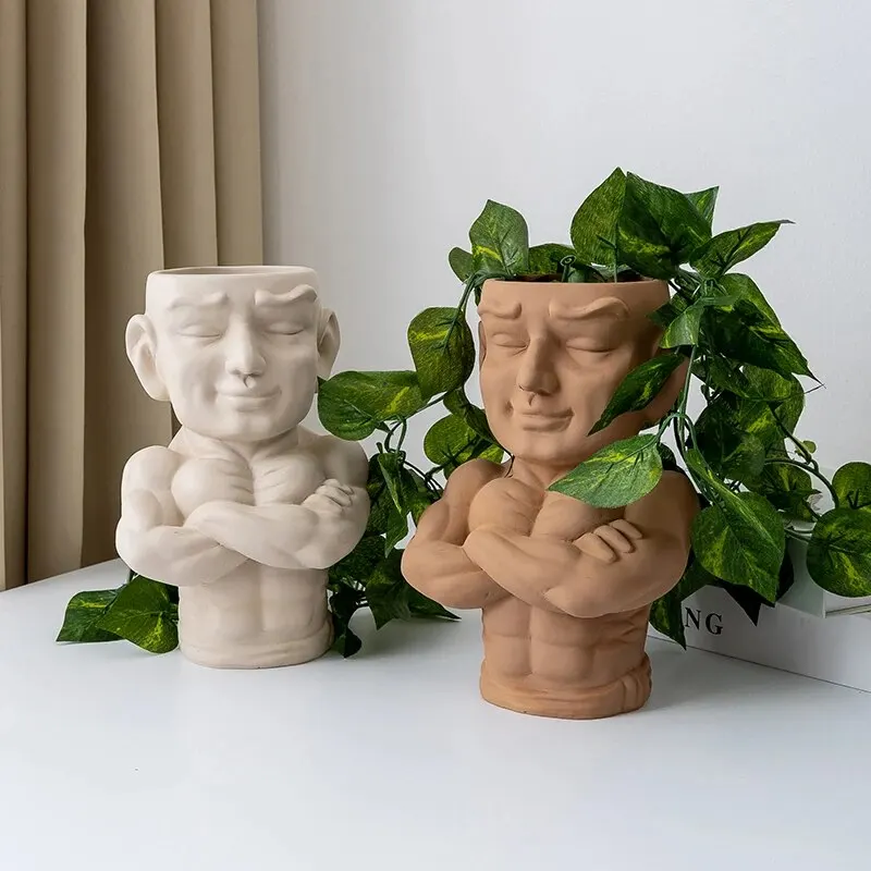 Muscle Male Face Flower Pot Resin Vase Art Sculpture Succulent Potted Table Top Ornaments