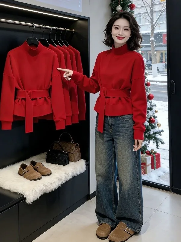 

New Year Red High Collar Sweatirt Women's Loose Fit Belted Faionable Anti-Aging Winter Long Sve Stand Edition