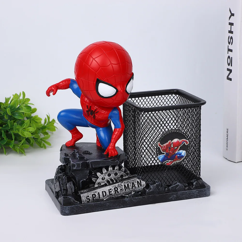 20cm Q-version Marvel superhero Spider Man anime resin crafts ornament anime pen holder desktop stationery children's gift