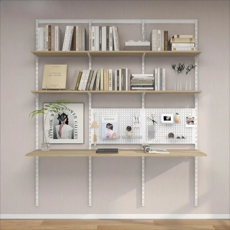 

2025 новая регулируемая верхняя и нижняя настенная стальная книжная полка с деревянным каркасом и ящиком для хранения гвоздей на столе