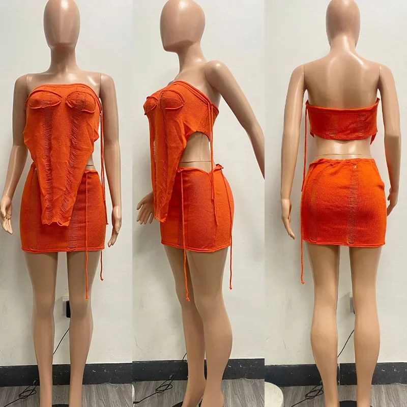 Sexy Knitted Hole Two Piece Set for Women Summer Holiday Beach Outfits Irregular Strapless Top and Mini Skirt Matching Sets Chic