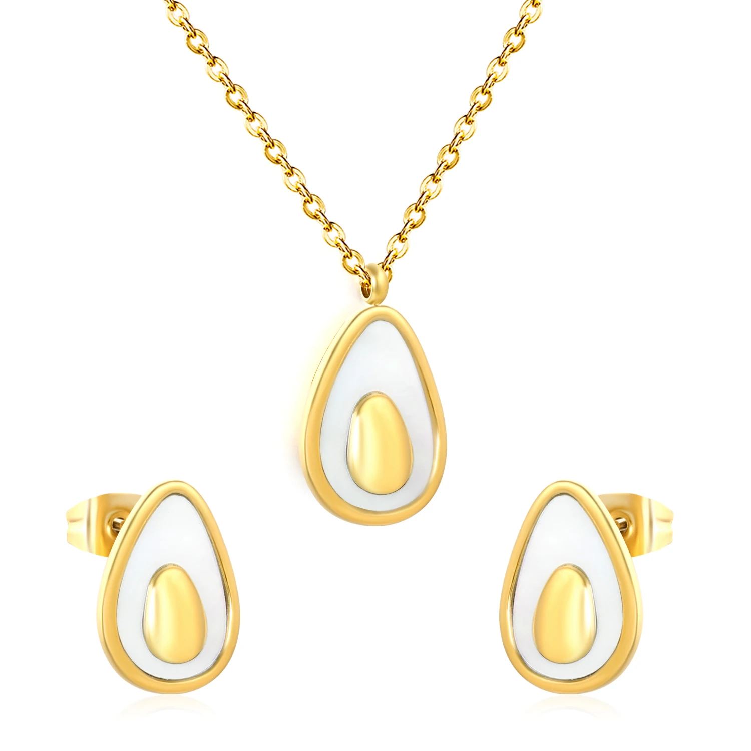 Shell & Avocado Pendant Necklace & Stud Earrings Set