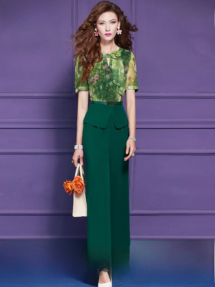 

Phantom Isan Silk Print Patchwork Jumpsuit Women's Short Sleeve Summer Drape High Waist Commute Suit Pants Straight Leg Jumpsuit