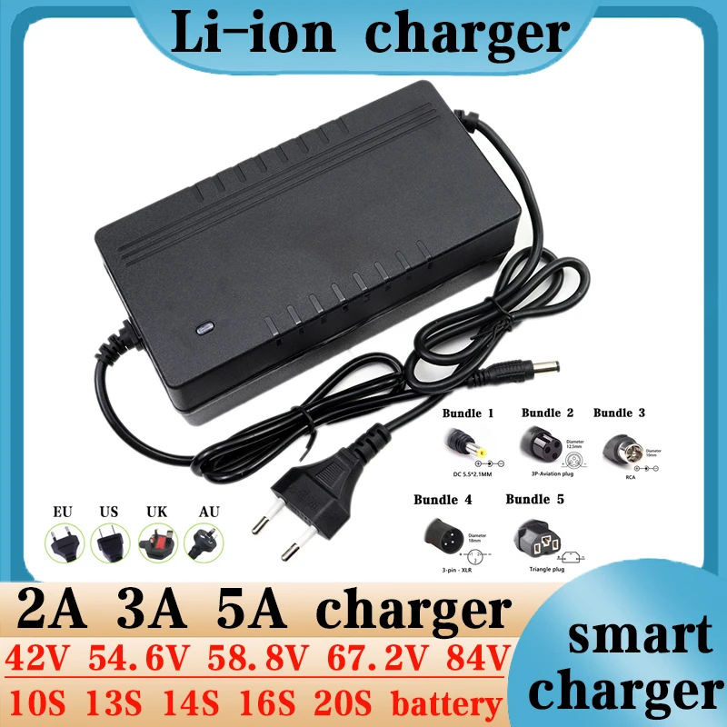 42V 54.6V 58.8V 67.2V 84V 2A 3A 5A Caricabatteria al litio per 10S 13S 14S 16S 20S 36V 42V 48V 60V 72V ebike Scooter batteria