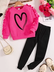 2-piece spring and fall new girls fashion pink knit crew neck love print top + black slim pants suit