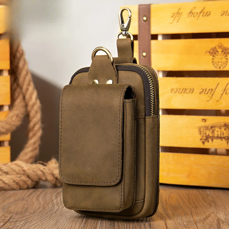 Men's style mobile phone bag with waist strap - multi-functional wild horse leather small waist bag