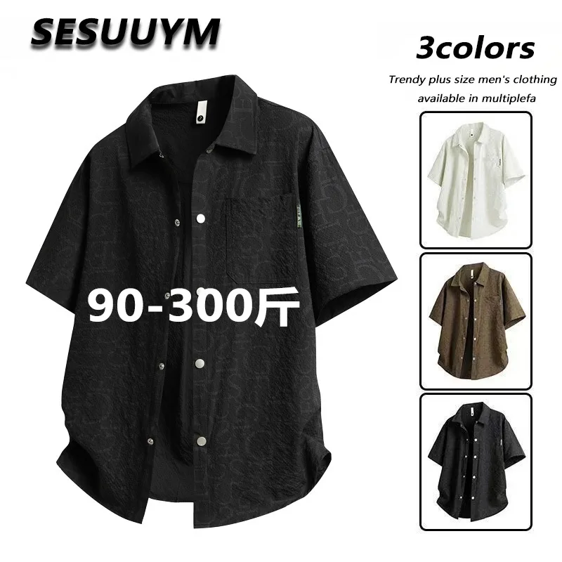 Summer Thin Shirt Men's Short Versatile Design Bubble Check Full Print  T-Shirt Turn-Down Collar Half Sleeve