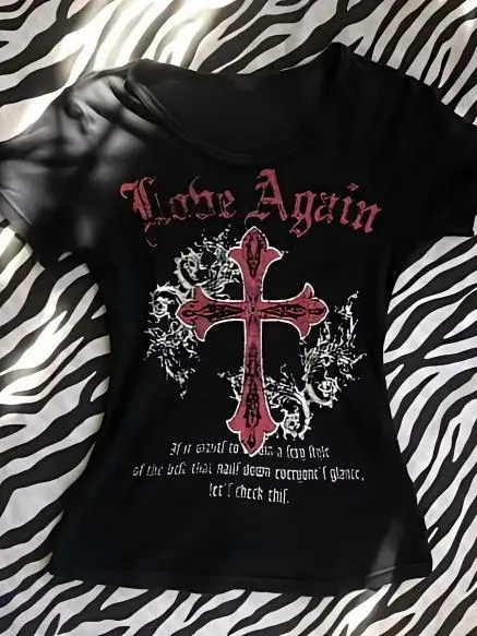 

Punk Sle Cross Print ort Sve T-irt Women's Spicy Girl Bla Slim Fit ort Y2K Ro Top Ins Korean Version round Ne