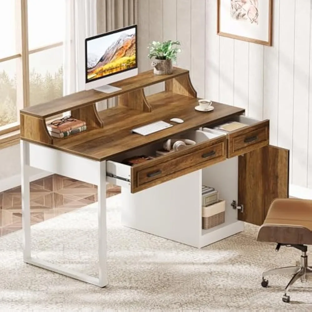 

Computer Desk with Drawers & Hutch, Modern Executive Office Desk with Storage Door Cabinet, Writing Table with Monitor Stand fo