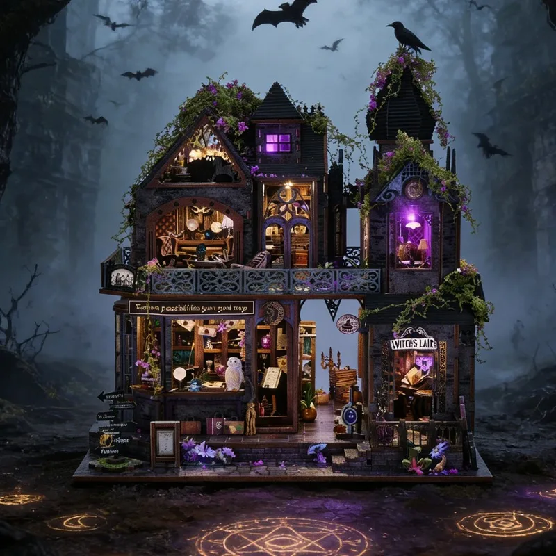 Book Nook Library Kit Castle of Magic Wooden DIY Dollhouse with Light Dynamic Music Bookshelf Insert 3D Puzzle Home Decoration
