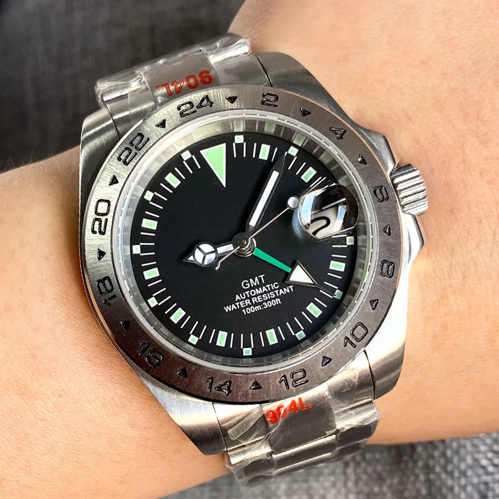 GMT Master NH34A Movt zegarek mechaniczny dla mężczyzn luksusowy zegar ze stali 316L pomarańczowy/zielony ręcznie 24-godzinny zegar ze stalową ramką