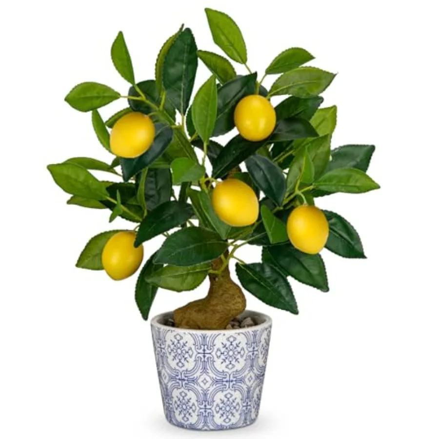 

Искусственное растение в горшке: миниатюрное искусственное лимонное дерево 15,7 дюйма с сине-белым горшком, имитация цитрусового дерева
