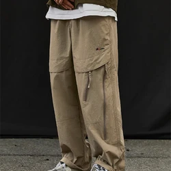 Retro England Style Spring Autumn Men's Clothing Solid Color Zipper Pockets Elastic High Waisted Casual Loose Cargo Sweatpants