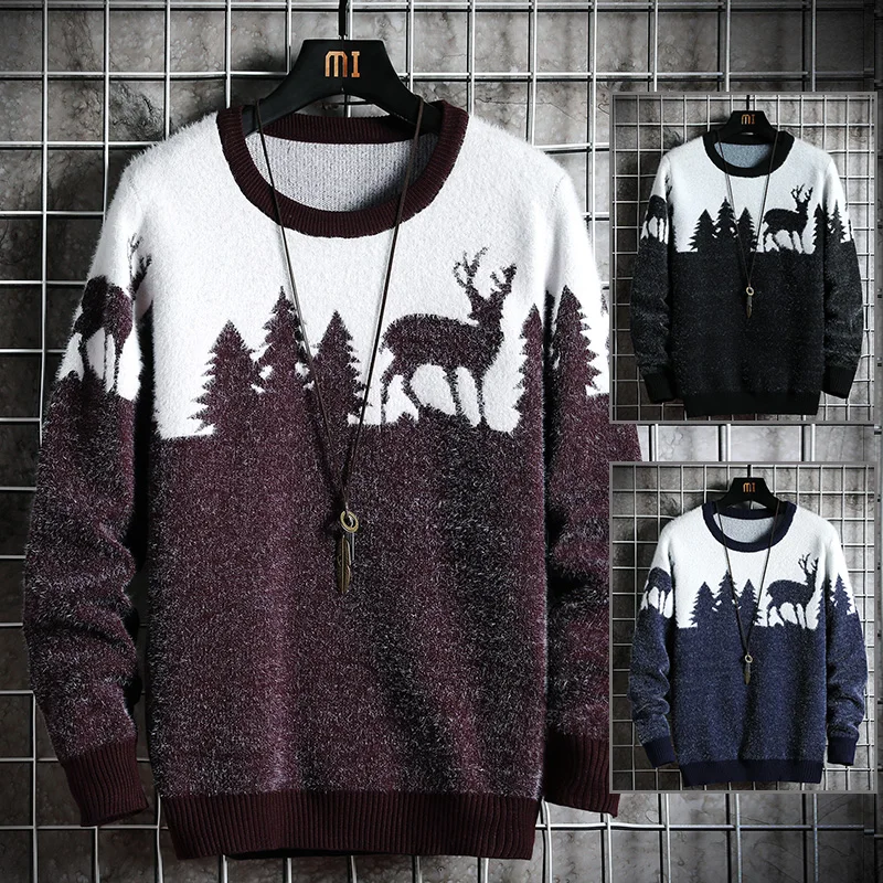 Christmas Elk Sweater 2024 New Men's Fahion Autumn Brand Casual Winter Clothing Men Loose Sweaters Warm Thick Pullover Tops New