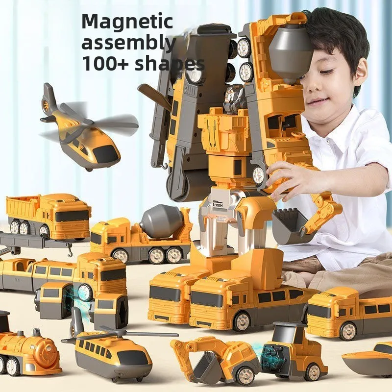 Popular Kids Magnetic Construction Vehicle, Transformable Excavator, Assemble Robot Transformer Building Toy