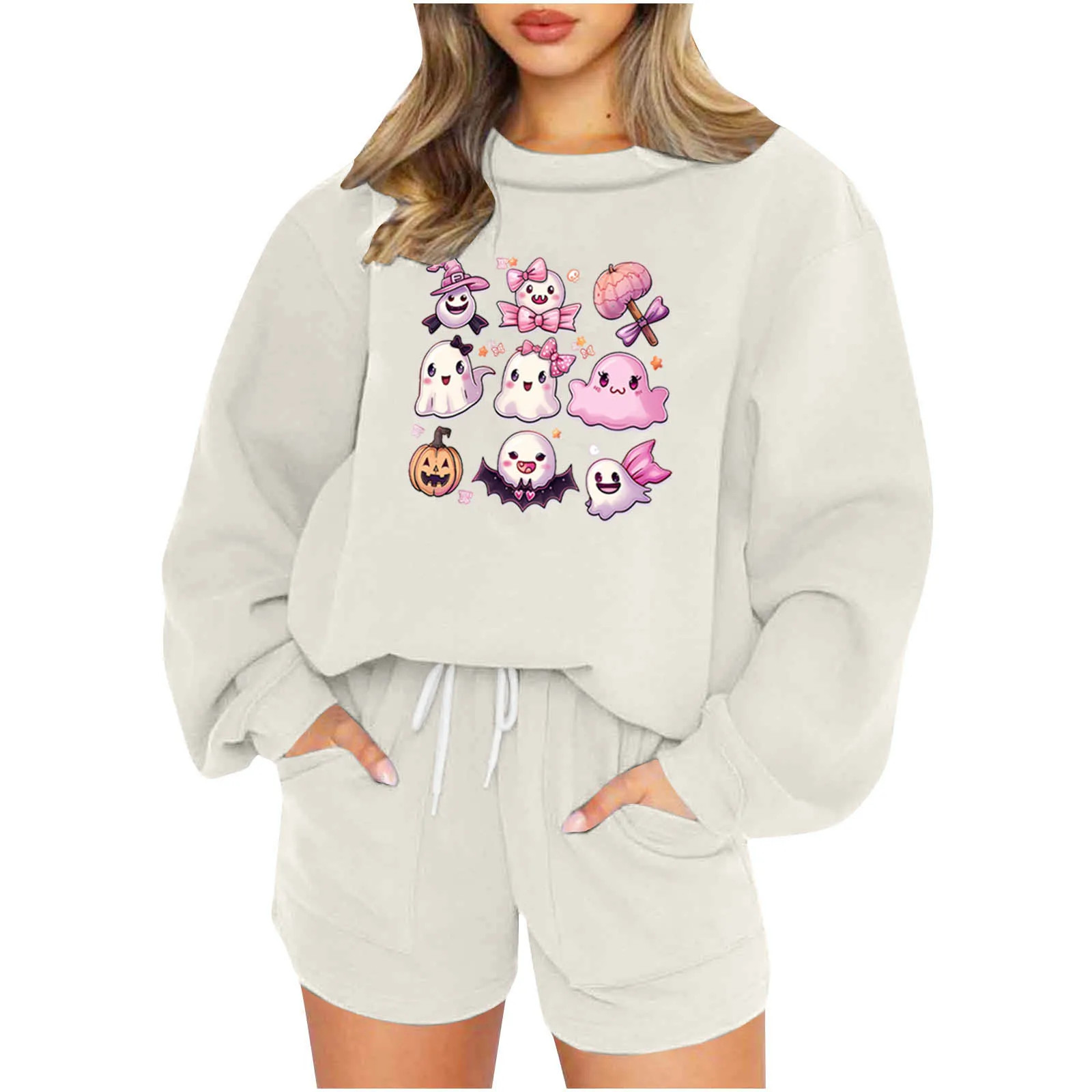 Cute Trend Halloween Style Print Two Piece Set Women Pullover Sweatshirt Pocket Drawstring Shorts 2 Piece Sets Halloween Outfits